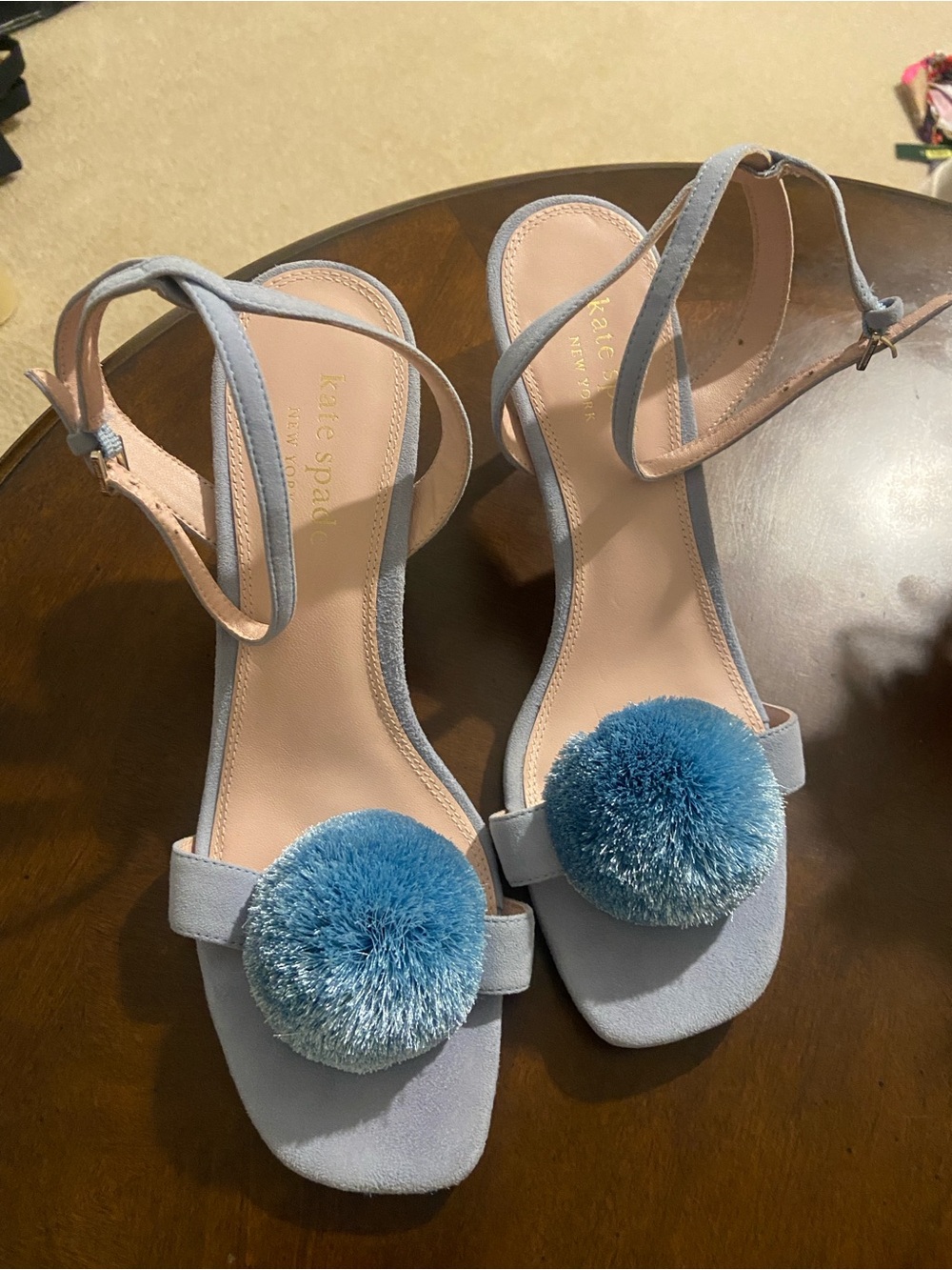 kate spade Light Blue Suede Pom-Pom Ankle-Strap Heels